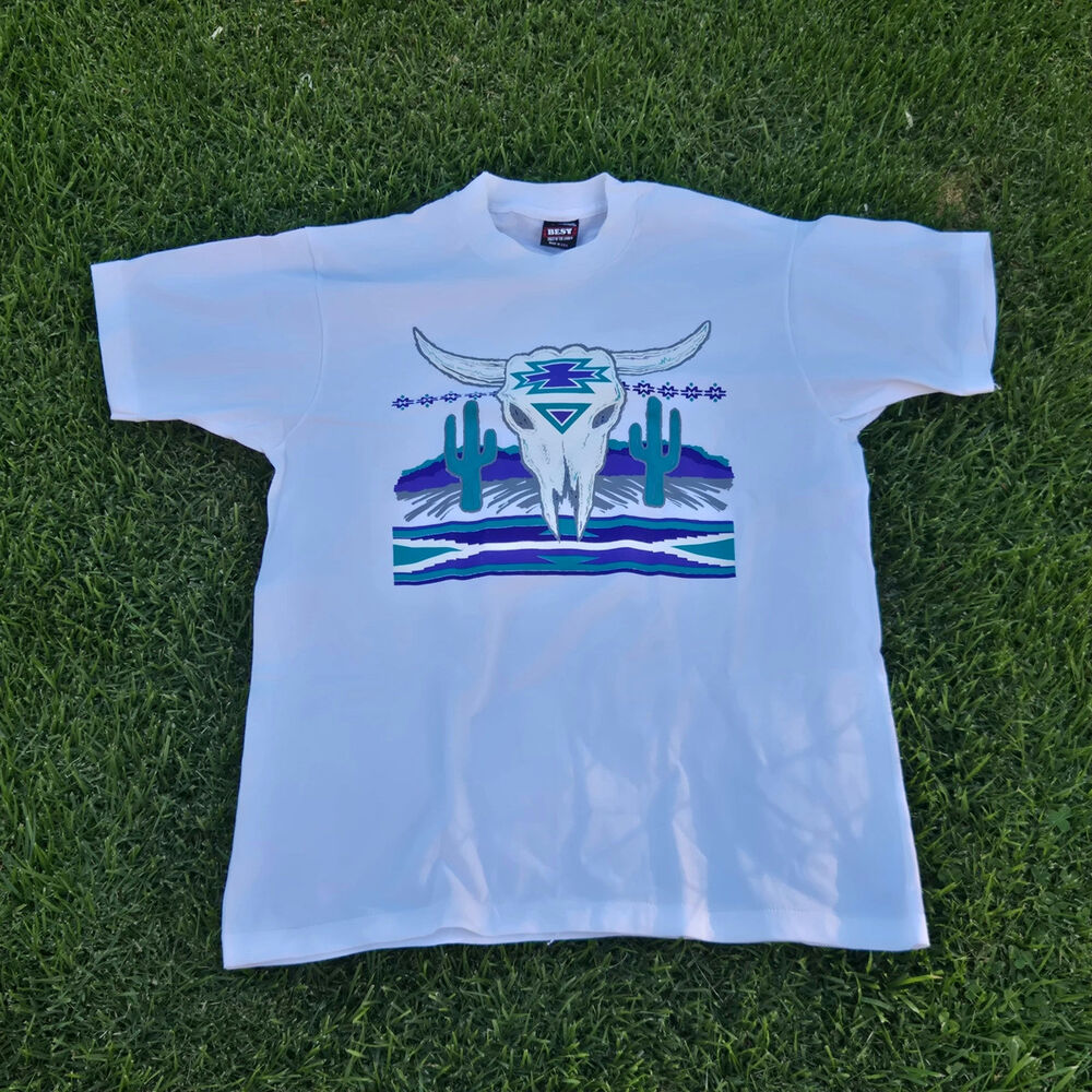 VTG Texas Shirt L Single Stitch White Southwest Cactus Graphic Made USA 90s